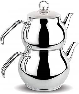 DESTALYA Turkish Teapot Set | Stainless Steel Double Tea Pots for Stove Top | Tea Maker with Strainer | Samovar Tea Kettle, Water Heater (Midi with Metal Handles)