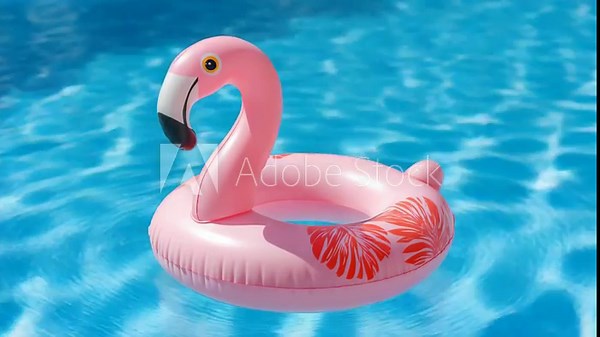Pink Flamingo Float in Pool: A vibrant pink flamingo inflatable float gracefully bobs in a sparkling turquoise pool, inviting carefree summer fun and relaxation.
