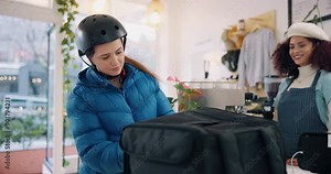 Waiter, delivery woman and parcel in cafe for online order, takeaway or customer service. Small business, meal and female courier with cashier for collection, breakfast or fast food in restaurant