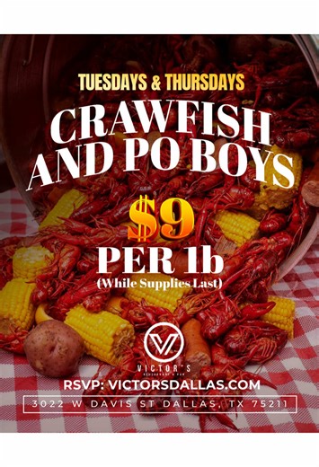 Who’s coming to eat some Crawfish! 🦞 We’re talking about Seasoned to Perfection! Every Tues & Thurs! Comes with corn & potato RSVP/Table Reservations VICTORSDALLAS.COM Victor’s Restaurant & Bar 3022 W Davis St Dallas, TX 75211 #victors #victorsdallas #victorsdfw #dallasrestaurants #crawfish