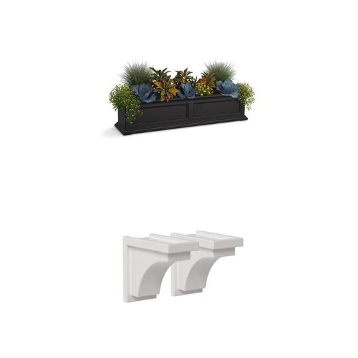 Fairfield 48 in. x 11 in. Black Self-Watering Window Box with Nantucket White Decorative Corbel - The Home Depot