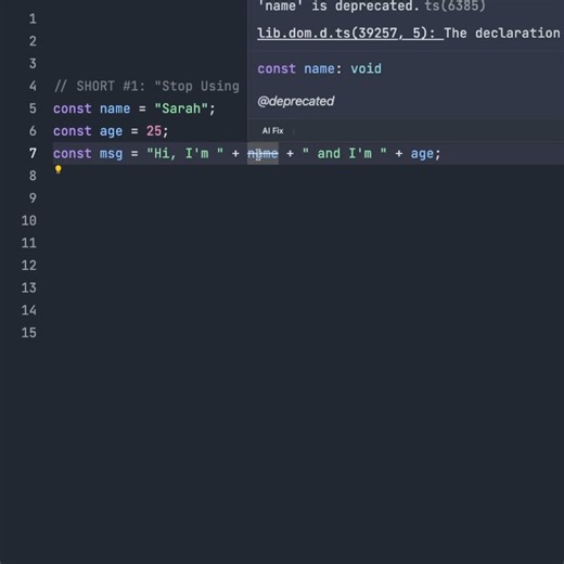 Stop using + for strings!  Old way: "Hi " + name + "!" New way: `Hi ${name}!` Use Template Literals ✅ #JavaScript #CodingTips #WebDev #ES6 #Programming #LearnToCode #DevTips #CodeNewbie | Fullstack Flow | Facebook