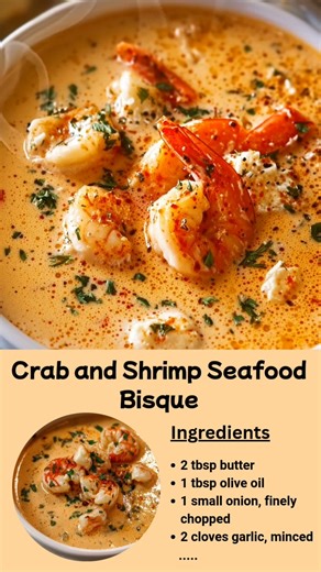 Crab and Shrimp Seafood Bisque Creamy, rich, and packed with flavor — this bisque is the ultimate comfort bowl for seafood lovers! Ingredients: 2 tbsp butter 1 tbsp olive oil 1 small onion, finely chopped 2 cloves garlic, minced 2 tbsp all-purpose flour 4 cups seafood stock (or chicken stock) 1 cup heavy cream ½ cup dry white wine 1 tsp Old Bay seasoning (or paprika) ½ tsp cayenne pepper (optional, for heat) ½ lb shrimp, peeled & deveined ½ lb lump crab meat Salt & black pepper to taste Fresh pa