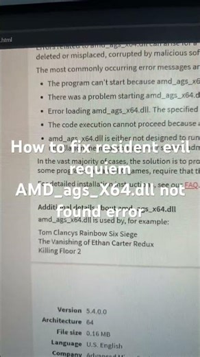 How to fix resident evil requiem AMD_ags_X64.dll not found error