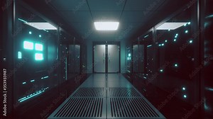 Endless flight along server blocks. Data center and internet. Server rooms with working flickering panels behind the glass. Technology corridor. Seamless loop 3d render