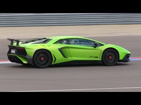 Green + Yellow Lamborghini Aventador SV pushing it on the track | LOUD Accelerations + Downshifts