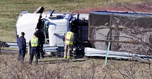 Driver in semi rollover came inches from having ‘a really bad day’ when guardrail smashed into window