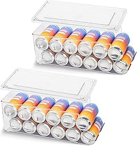 2 Pack Tall Skinny Can Organizer for Refrigerator, Stackable Large Soda Cans of 16oz & 17oz Beverage Energy Drink Container Holder Dispenser with Lid for Fridge, Clear Storage Plastic Bins