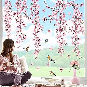 decalmile Cherry Blossom Flower Vine Double Sided Window Clings Pink Hanging Tree Branch Birds Window Decals Anti-Collision Glass Window Doors Window Stickers