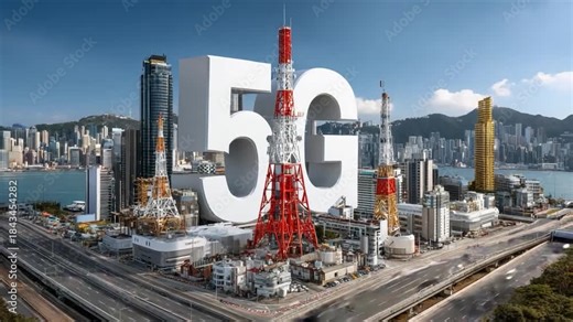 5G Communication Infrastructure: A vibrant cityscape merges with the cutting-edge technology of 5G, with towering structures and sleek lines forming a symbol of future.