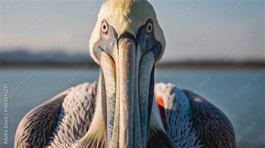A pelican stands by the water, looking directly at the camera with its large beak prominent.