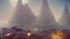 Animation of an oil painting of futuristic landscape with a station in retro sci fi drawings. Digital image painted alien planet in surreal style.