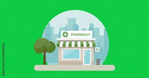 Pharmacy building animation with a city background on a chroma key green screen