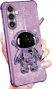 Buleens for Samsung Galaxy S24 Case for Women Girls Cute Astronaut Glitter Girly Sparkly Phone Cover with 6D Astronaut Hidden Stand Kickstand Design Sparkle Bling Cases for Samsung S24 6.2'' Purple