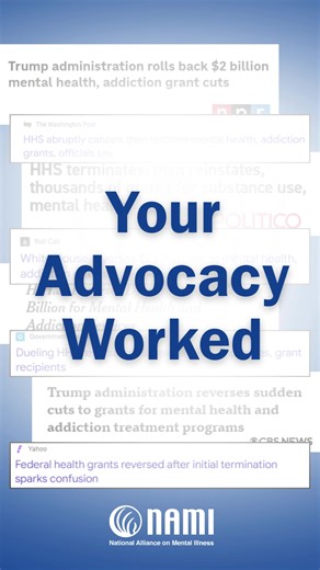 Thanks to NAMI's advocacy, the Administration REVERSED its sudden termination of thousands of grants that fund substance use & mental health care. 🎉 Thanks to everyone who spoke up to protect federal mental health funding. “Americans affected by mental illness are the clear winners today, and we can be proud of the bipartisan effort that changed this decision,” said Daniel H. Gillison Jr, CEO of NAMI. Read NAMI's full statement: https://www.nami.org/press-releases/nami-applauds-swift-reversal-o