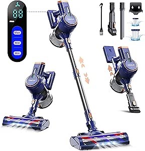 QikCln Cordless Vacuum Cleaner, 150W Powerful Stick Vac with LED Headlights, 23Kpa Lightweight Handheld Vacuums for Home, Rechargeable, Up to 45 Minutes, 3 Modes for Carpet, Hardwood, Pet Hair (Blue)