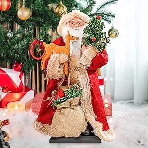 WONDER GARDEN Christmas Santa Claus Figure - 16 Inch Santa Figurine, Standing Santa Statue Collectibles Doll with Christmas Tree, Elk and Bird’s Nest for Gift or Holiday Home Decorations