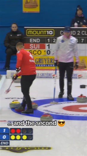 Great shot early on! 🤩 Yannick Schwaller makes the crosshouse double perfectly and keeps Switzerland 🇨🇭 in control in End 2. Watch all games live on The Curling Channel! https://curlingchannel.tv #curling #ecc #switzerland | World Curling