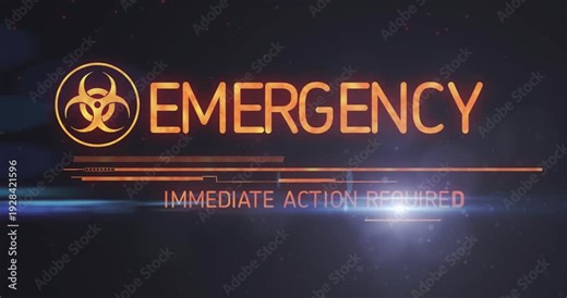 HUD detecting biohazard and animating EMERGENCY title, IMMEDIATE ACTION REQUIRED signaling response