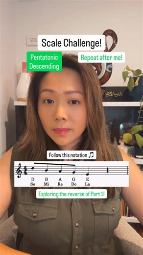 Here’s Part 2 - Descending It comes with Note Names, and Solfege using movable Do. G Major Pentatonic (5 note scale): G-A-B-D-E in reverse Starting on E Minor Pentatonic, shifting downwards ➡️ arriving at G Major Pentatonic on the last repeat! Add music theory to your everyday practice, so you can level up along with your technique! #MLMusicStudio #TheEmpoweredSinger #SingerMusicianship #ScaleChallenge #Pentatonic | ML Music Studio