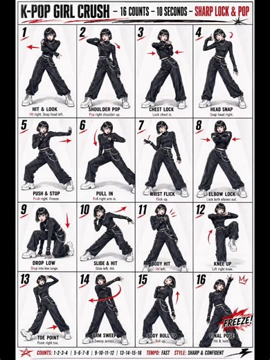 Made with GPT Image 2 + Seedance 2.0 on @SocialSightGenerate a 16-move choreography sheet in GPT Image↓↓↓↓↓↓Upload it to Seedance 2.0 as the "brain" of your dance↓↓↓↓↓↓Your character performs the full routine instantly↓↓↓↓↓↓A complete K-pop dance video. Done in minutes. GPT Image 2 prompt: A colored pencil sketch style choreography sheet infographic for a K-pop solo dance.Layout: 16 steps arranged in a clean 4x4 grid, each panel showing a different dance move.Subject: A teenage Asian girl with s