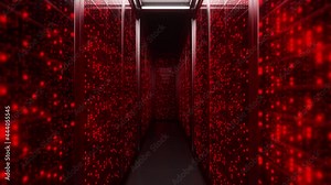 Server racks in server interior room data center. Server room center exchanging cyber datas and connections. Network security. Working red Data Center. Supercomputer Technology Concept. 3d Animation
