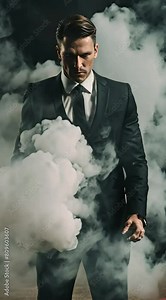 a man with black suit smoke coming from his head concept of angry and revenge back view behind