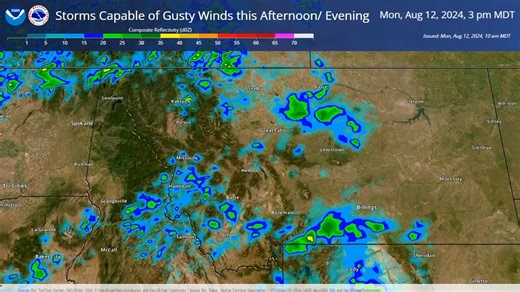 This is a model depiction of where thunderstorms may develop later this afternoon into this evening. Main threat with storms today will be gusty outflow winds of 35 to 50 mph, lightning and brief heavy rain. Remember, when thunder roars, go indoors. | US National Weather Service Missoula Montana