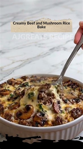 Creamy Beef and Mushroom Rice Bake