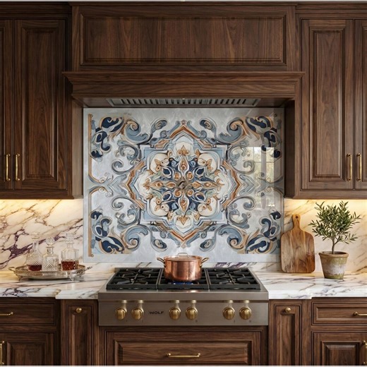 Tempered Glass Backsplash, Mediterranean Blue Tile Art, Faux Ceramic Stove Splashback, Portuguese Azulejo, No Grout Kitchen Panel - Etsy