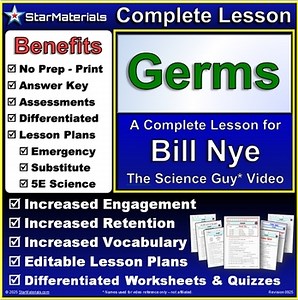 Complete Lesson for Bill Nye Germs - Worksheets, Quizzes, Lesson Plans