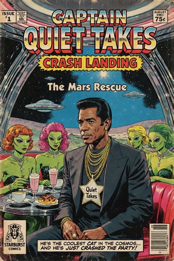 His ship crashed on Mars… Four alien women rescued him… but the pink-haired one put him under a love spell. Now Captain Quiet Takes might never leave. 👽💗 #quiettakes #80saesthetic #fyp #comicbook #fictionalcharacters