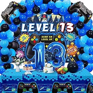 Vlipoeasn 90PCS 13th Birthday Video Game Party Decorations for Boys Set Blue 13th Birthday Supplies -13th Video Game Backdrop, Balloons, Tablecloth, Gamer and 13 Foil Balloons for 13 Years Old