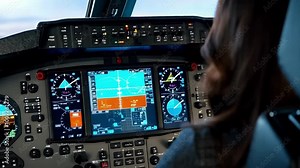 Pilot in training navigating cockpit instruments at an aviation school