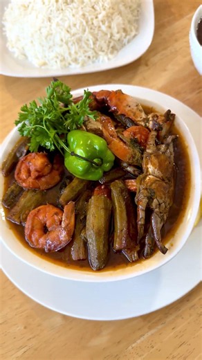 Seafood Okra White rice & Bean Sauce 🇭🇹 from Neguess Creole Restaurant #gumbo #okra #food #cooking