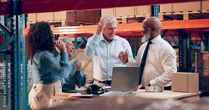 Team, success and laptop with distribution, teamwork and logistics in an industrial warehouse with celebration. Target, storage, and happy management staff with diversity, collaboration and win