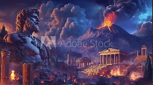 Zeus statue with a view of collapsed ancient Greek buildings with a volcano in the background. Seamless looping time-lapse virtual 4k video animation background
