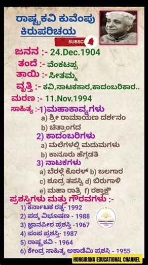ಕುವೆಂಪು ಕಿರುಪರಿಚಯ || Kuvempu short introduction #kannada #biography #information #kuvempu #facts