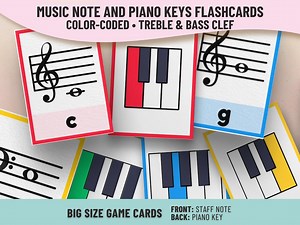 Music Notes and Piano Keys Flashcard - Color Coded Learning Cards for Kids, Printable Music Theory Game - Treble and Bass Clef Learning Tool - Etsy