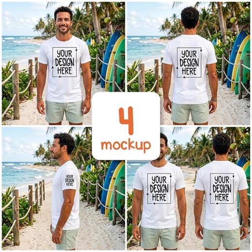 Bella Canvas 3001 Men T-shirt Mockup Bundle, 4 View White T Shirt Mockup, Beach Surfboard Shirt Mockup, Front Back Side JPG Mockup - Etsy