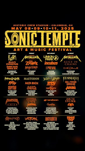 Don't miss an EPIC Sunday at Sonic Temple featuring Metallica, Alice in Chains, Chevelle, Ice Nine Kills, Hollywood Undead, Asking Alexandria and more. Secure your pass NOW before they're gone. | Sonic Temple