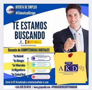¡Únete a nuestro equipo! 🚀 En Grupo AKD estamos buscando un/a Docente de Competencias Digitales para unirse a varios centros colaboradores de la Consejería de Economia Empresas y Empleo de Castilla La Mancha ¿Qué buscamos? ✅ Experiencia profesional mínima de 1 año. ✅ Ingeniero/a Informático/a o Máster Universitario en Informática o Licenciado/a en Informática. ✅ Acreditación docente con el CP de Habilitación a la Docencia o Máster de Profesorado / CAP o equivalente. Los puestos son en: 📍 Daimi