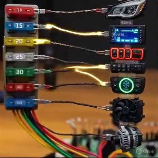 ✔️The image displays an🎶 automotive fuse block assembly with multiple blade fuses used to protect 🤖🔘
