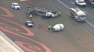Raw video: Cement mixer rollover crash