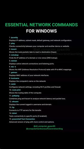 🔥 Essential Windows Commands Everyone Should Know 💻⚡ Want to use Windows like a power user? 😎 These essential Windows commands can save time, fix problems, and boost productivity instantly 👇 🔹 ipconfig – Check IP address & network details 🔹 ping – Test internet or network connection 🔹 taskmgr – Open Task Manager quickly 🔹 msconfig – Manage startup & boot options 🔹 sfc /scannow – Scan & repair system files 🔹 chkdsk – Check disk errors 🔹 shutdown /s /t 0 – Instant shutdown 👉 Try these 