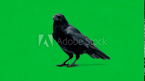 Realistic movements of a native crow on a green screen, showcasing its natural behaviors in detail for editing and film production purposes