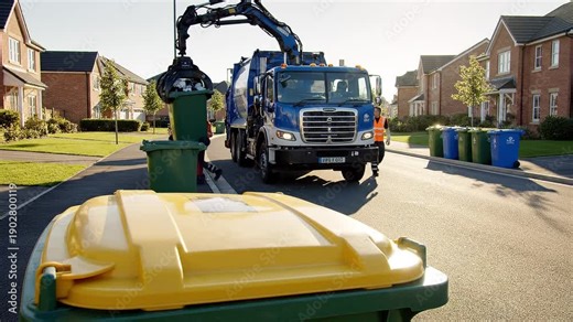 Waste collection truck with automated arm lifting a bin