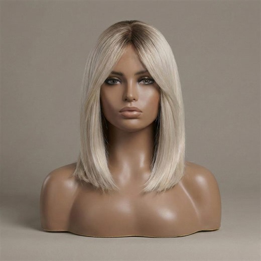 Rooted Platinum Wig, Straight Synthetic Hair With Bangs, 16inches - Etsy