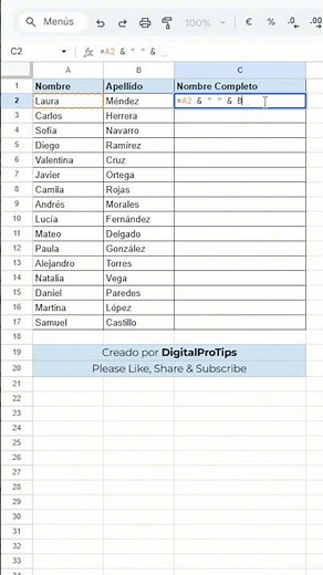 Une nombres y apellidos en segundos 😱#googlesheets #FormulaSheets #TrucosGoogleSheets