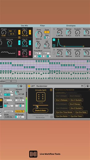 Randomizing some new preset variations 🪄 If you keep the amount low (like 10%) you stay in the ballpark of the original sound but get subtle differences you wouldn't think to dial in yourself. Can be a great way to explore without starting from scratch. #ableton #abletonlive